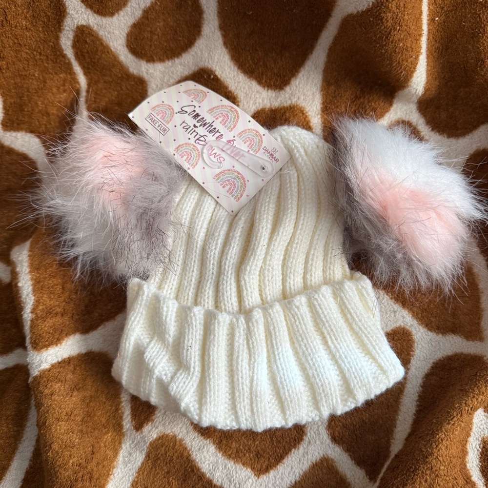 Somewhere Over The Rainbows White Knitted Double Pom Beanie Hat and Mitten Set